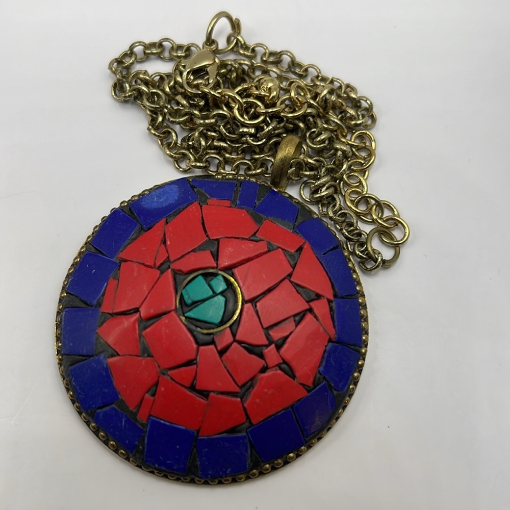 9/3 Todays show gift Big vintage mosaic brass red blue necklace pendant & more - Picture 3 of 14